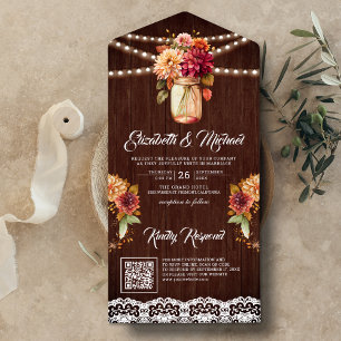 Fall Dahlia Floral Mason Jar QR Code Wood Wedding All In One Invitation