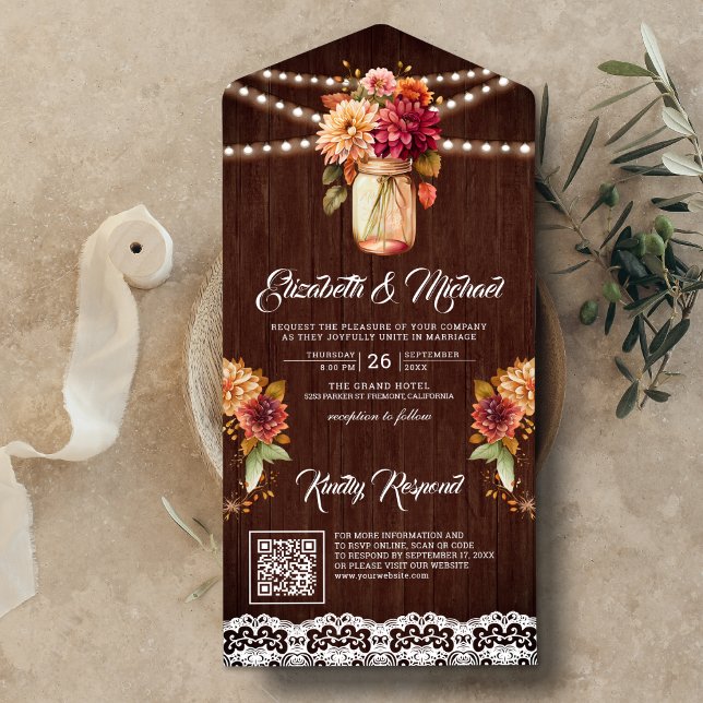 Fall Dahlia Floral Mason Jar QR Code Wood Wedding All In One Invitation (Creator Uploaded)