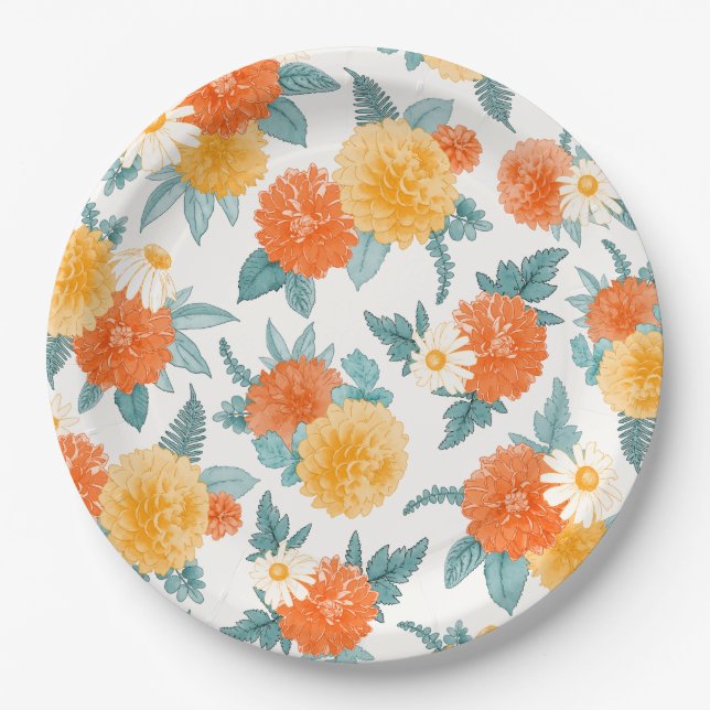 Fall Dahlias Floral Watercolor Pattern Paper Plate (Front)