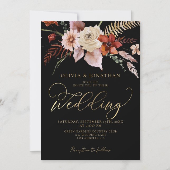 Fall Dark Moody Floral Black Gold Elegant Wedding  Invitation (Front)