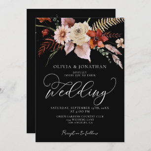 Fall Dark Moody Floral Black Terracotta Wedding  Invitation