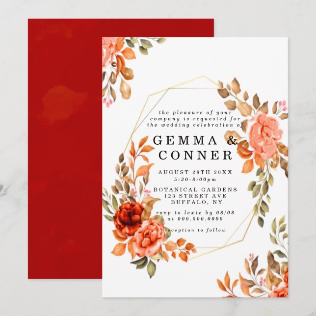 Fall Dark Red Orange Floral Gold Wedding Invites (Front/Back)