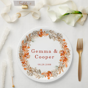 Fall Dark Red Orange Floral Wedding Paper Plate
