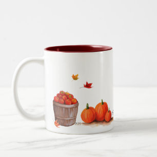 Fall Day with Pumpkins Leaves Apples and Rake Two-Tone Coffee Mug