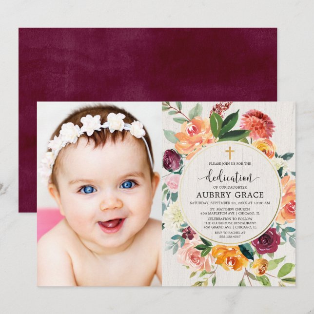 Fall Dedication floral burgundy rustic photo Invitation (Front/Back)