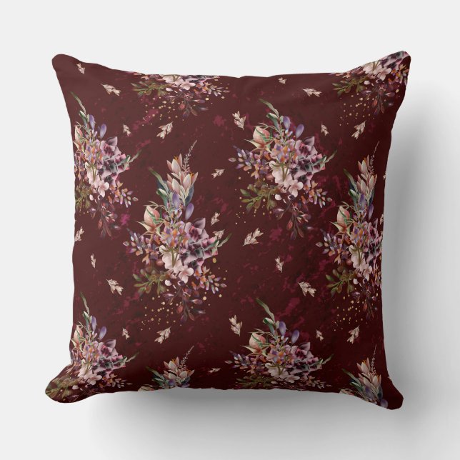 Fall Deep Burgundy/Navy Floral Reversible Pillow (Front)