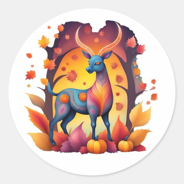 Fall Deer Alebrije Classic Round Sticker (Front)