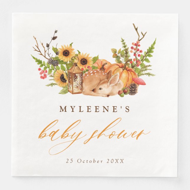 Fall Deer Pumpkin & Sunflowers Baby Shower Napkin (Front)