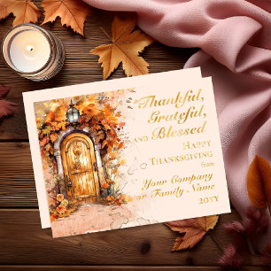 Fall Door Thanksgiving Thankful Grateful Blessed  Foil Holiday Card