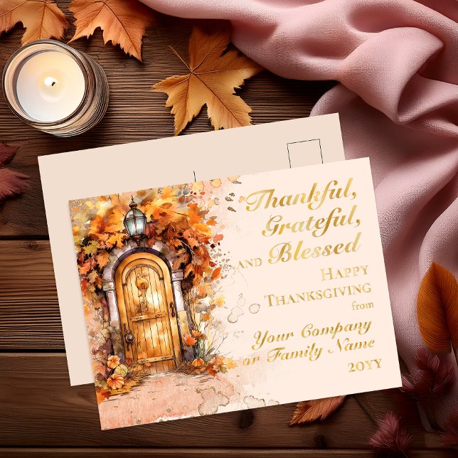 Fall Door Thanksgiving Thankful Grateful Blessed  Foil Holiday Postcard (Elegant Wood Door Fall Leaves | Pumpkins "Thankful, Grateful and Blessed Thanksgiving Postcard)