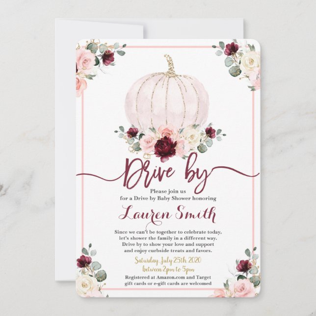 Fall Drive by Baby Shower girl burgundy and pink Invitation (Front)