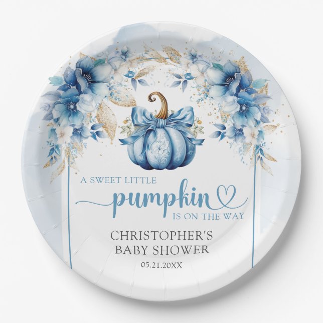 Fall dusty blue and gold pumpkin flowers arch paper plate (Front)