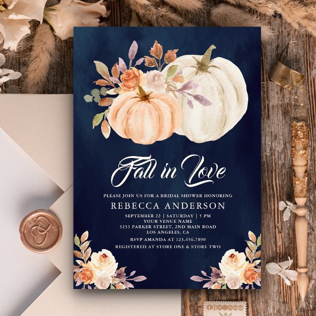 Fall Earthy Floral Pumpkin Navy Blue Bridal Shower Invitation (Creator Uploaded)