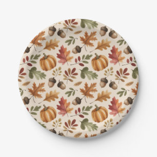 Fall Earthy Orange Watercolor Pumpkin Maple Leaves Paper Plate