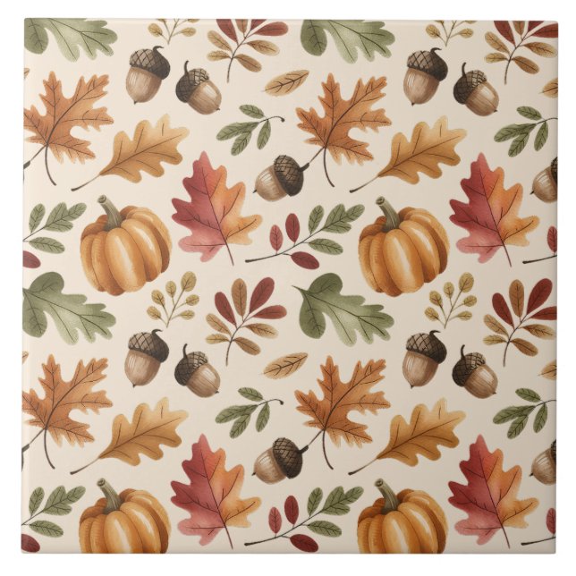 Fall Earthy Orange Watercolor Pumpkin Maple Leaves Tile (Front)