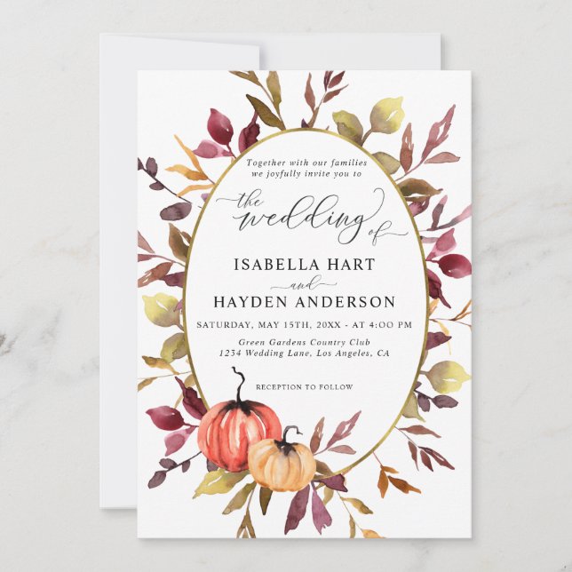 Fall Elegant Foliage Pumpkin Gold Foil Wedding     Invitation (Front)