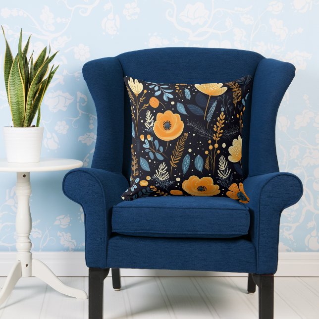 Fall Elegant Orange Flowers Blue Leaves Black Cushion (Creator Uploaded)