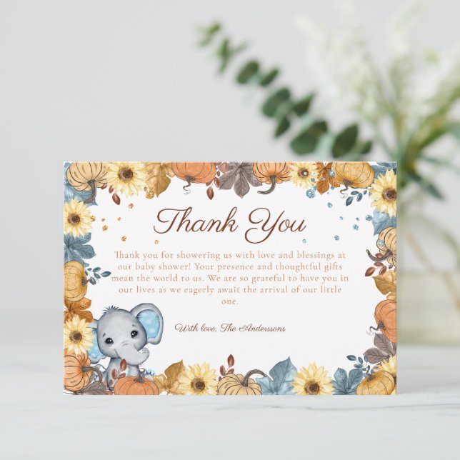 Fall Elephant Pumpkin Baby Shower Thank You (Standing Front)
