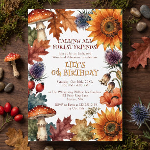 Fall Enchanted Forest Mushroom Sunflower Birthday Invitation