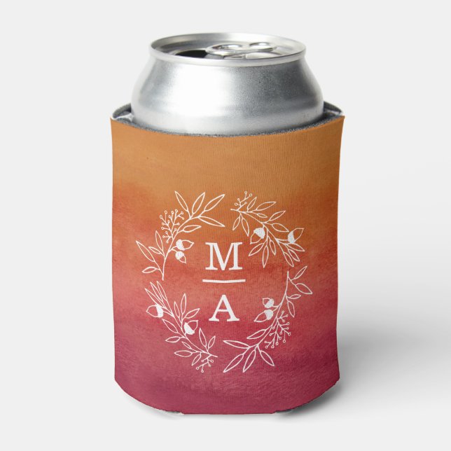 Fall Engagement Wedding Party Initials and Date Can Cooler (Can Front)