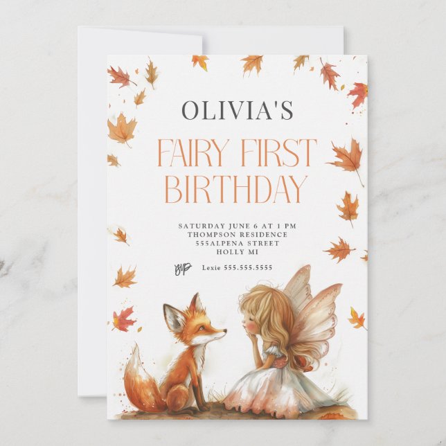 Fall Fairy First Birthday Invitation with a Fox (Front)