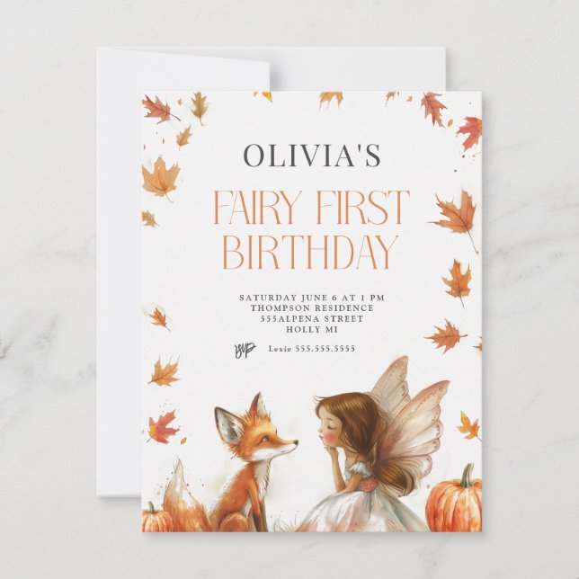 Fall Fairy First Birthday Invite with Fox Brunette (Front)
