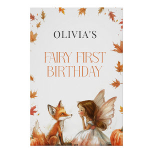 Fall Fairy First Birthday Invite with Fox Brunette Poster