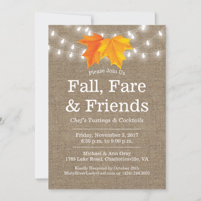 Fall, Fare & Friends Leaves & String Lights Burlap Invitation (Front)