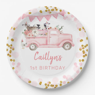 Fall Farm Pumpkin Pink Truck Drive By Birthday Paper Plate