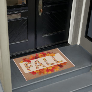 Fall Farmhouse Colorful Autumn Leaves on Burlap  Doormat