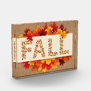 Fall Farmhouse Colorful Autumn Leaves on Burlap  Photo Block