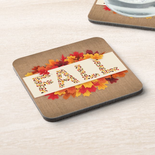 Fall Farmhouse Colourful Autumn Leaves on Burlap  Coaster (Left Side)
