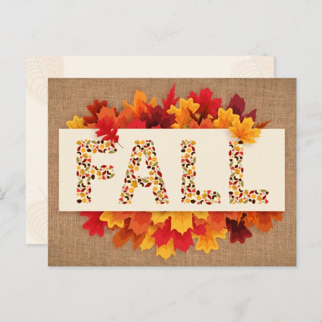Fall Farmhouse Colourful Autumn Leaves on Burlap  Postcard (Front/Back)