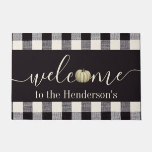 Fall Farmhouse Gingham Pumpkin Welcome Family Name Doormat