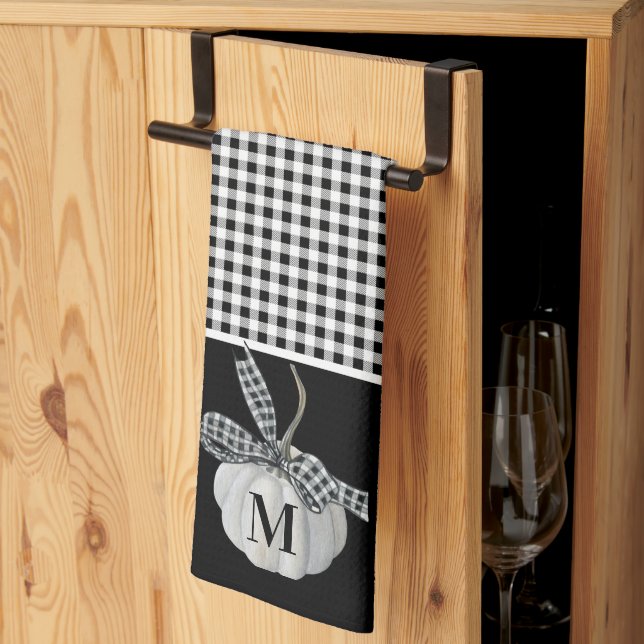 Fall Farmhouse Pumpkin Black White Buffalo Plaid Tea Towel (Thirds Fold)