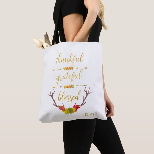 Fall Faux Gold Thankful Grateful Blessed Script Tote Bag (Close Up)