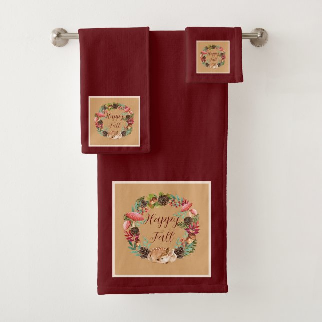 Fall fawn and nature with customisable text  bath towel set (Insitu)