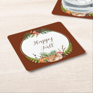 Fall fawn and nature with customisable text square paper coaster