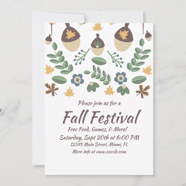 Fall Festival Floral Greenery Leaves Acorns  Card (Front)