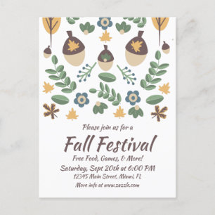 Fall Festival Floral Greenery Leaves Acorns Postcard