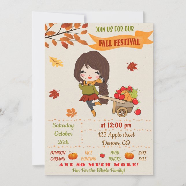 Fall festival party invite Autumn invitation girls (Front)