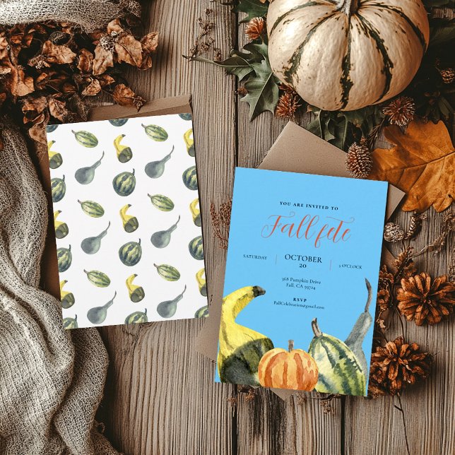 Fall Fete Autumn Party Colourful Pumpkins Blue Invitation (Creator Uploaded)