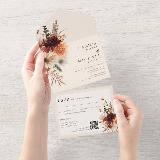 Fall Floral All in One QR Code Wedding Invitation (Tearaway)