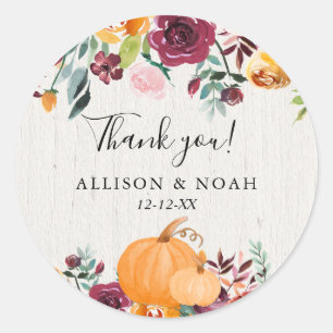 Fall floral and pumpkins watercolor favour classic round sticker