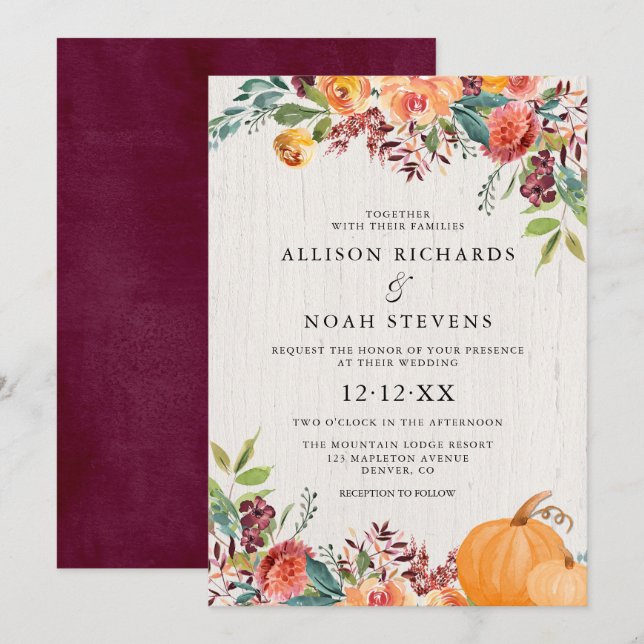 Fall floral and pumpkins watercolor wedding invitation (Front/Back)