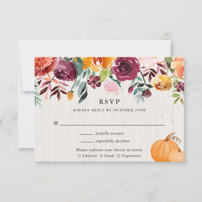 Fall floral and pumpkins watercolor wedding RSVP E (Front)