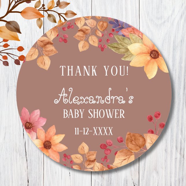 Fall Floral Autumn Baby Shower Thank You  Classic Round Sticker (Creator Uploaded)