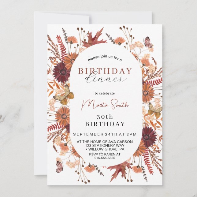 Fall Floral autumn Birthday Party Invitation (Front)