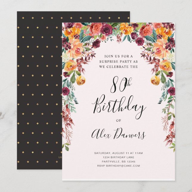 Fall Floral Birthday Invitation Any Age Milestone (Front/Back)