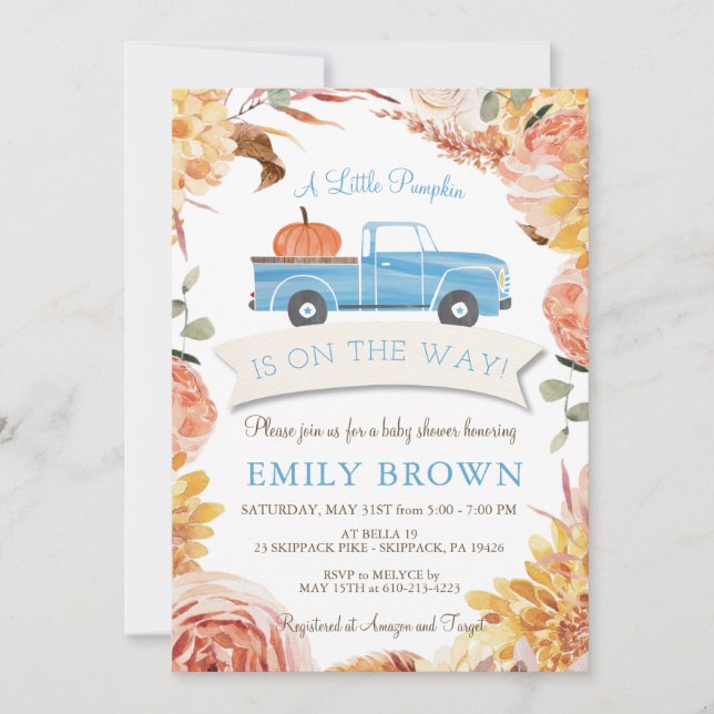 Fall Floral Blue Little PUMPKIN Boy BABY SHOWER  Invitation (Front)
